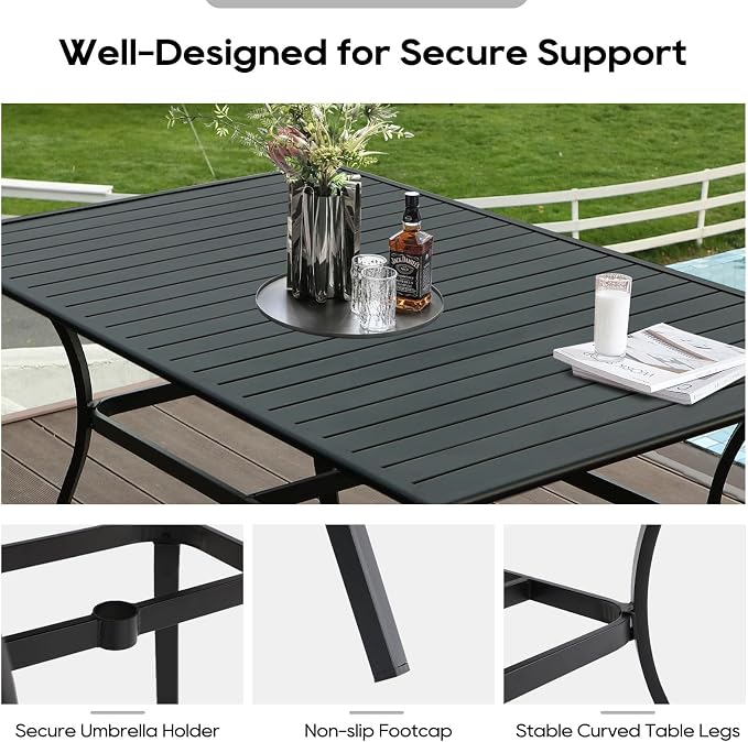 Patio Dining Table, 63" Metal Patio Tables with 2.36'' Umbrella Hole, Outdoor Patio Table for Backyard, Garden, Black (63” Rectangle Dining Table)