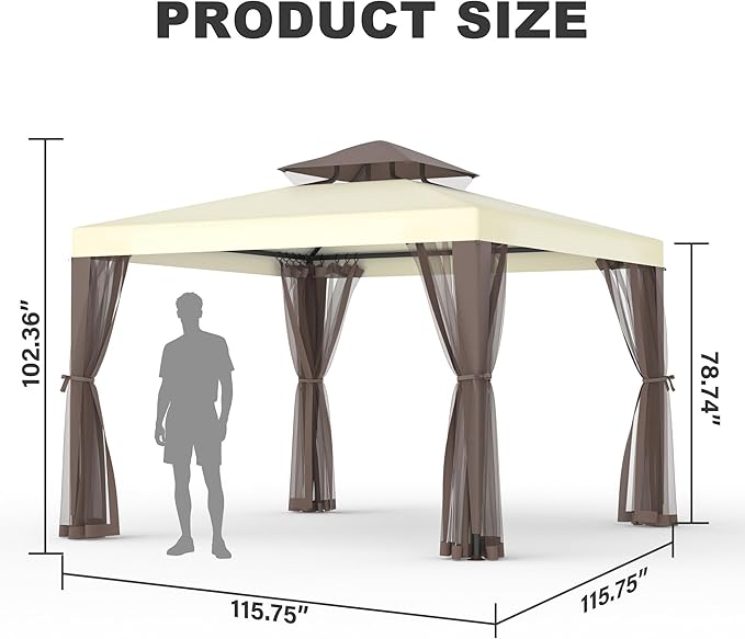 Outdoor Gazebo for Patio, 10×10 Canopy Tent with Mosquito Nettings & Double Roofs, Easy Setup Canopy Shelter for Party, Patio Gazebo for Lawn, Backyard, Garden (Beige, 10'x10')