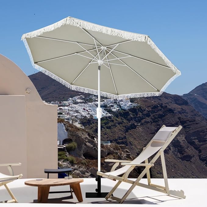 Tempera 9ft Auto Tilt Patio Umbrellas with Fringe, Outdoor Market Umbrellas with Fade Resistant Canopy, 8 Sturdy Rids, Luxurious Vintage Umbrellas for Lawn, Pool, Deck, Balcony