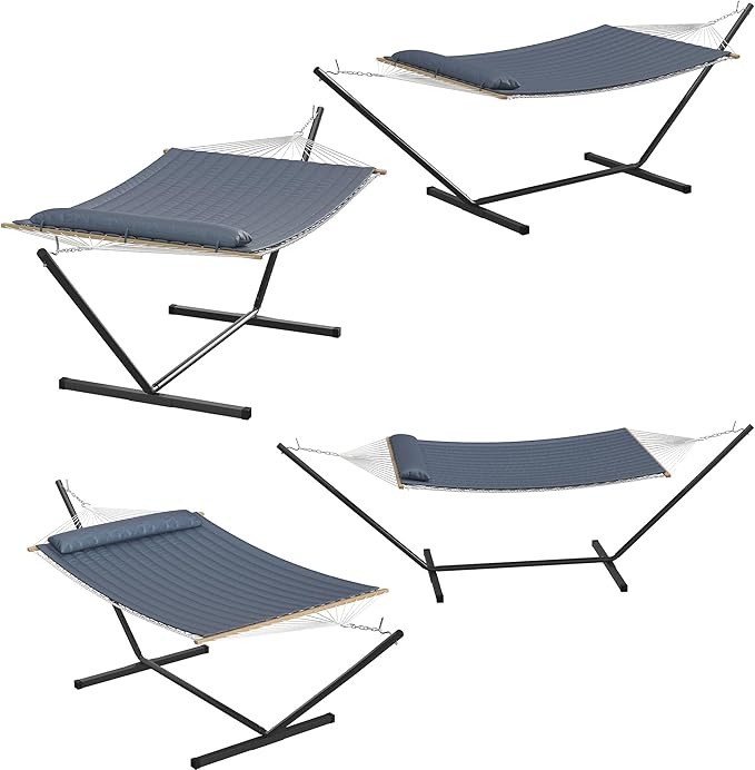 Heavy Duty Double Hammock with Stand-2 Person Cotton Rope Patio Bed,450 lbs Capacity,Hardwood Spreader Bars - Portable Easy Assembly for Backyard, Patio, Poolside, Outdoor/Indoor,Gray