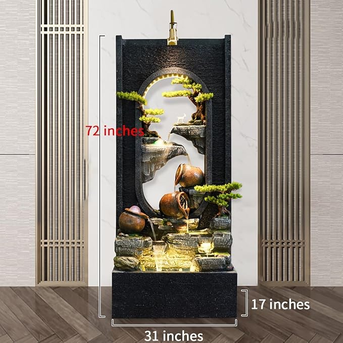60" LED Outdoor Cement Fountain with Mist, Rock Waterfall & 50 Crystals – Zen Decor for Patio, Garden, Balcony or Housewarming (B)
