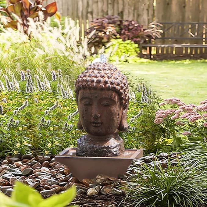 Buddha Water Fountain Outdoor Indoor Zen Statue Decor Large Fiberglass Decorative Fountains in Rock Color 22" Height