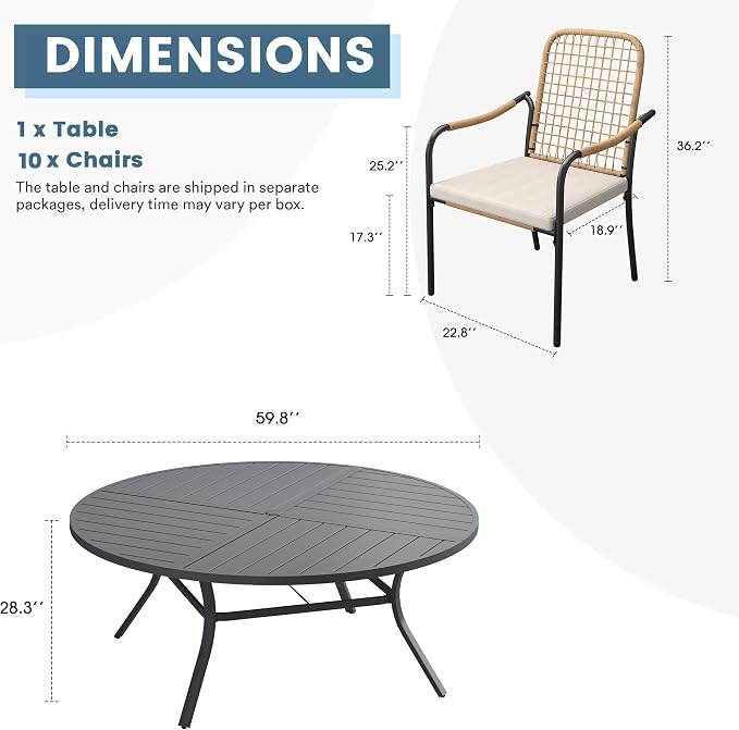 DIFY 11 Pieces Outdoor Dining Set, Metal Patio Table and Chairs Set for 10, 59.8" Round Dining Table with Umbrella Hole & Wicker Stackable Patio Chairs with Cushions, Grey Tabletop