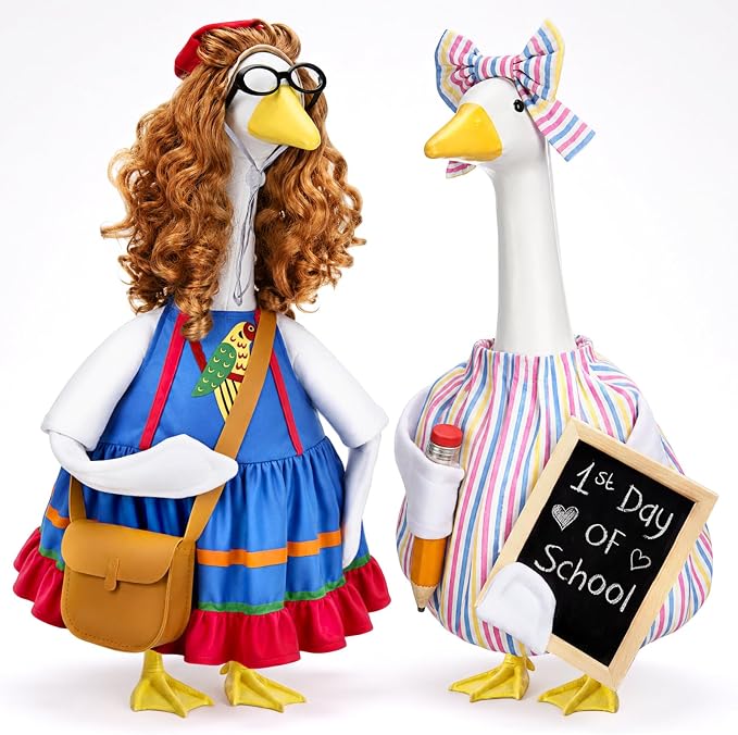 Back to School Porch Goose Outfit Teacher Classroom Goose Costume with Pencil Chalkboard Bow Hair Band for 23" Gooses Statue First Day of School Patio Yard Garden Lawn Outdoor Decor, 2 Style