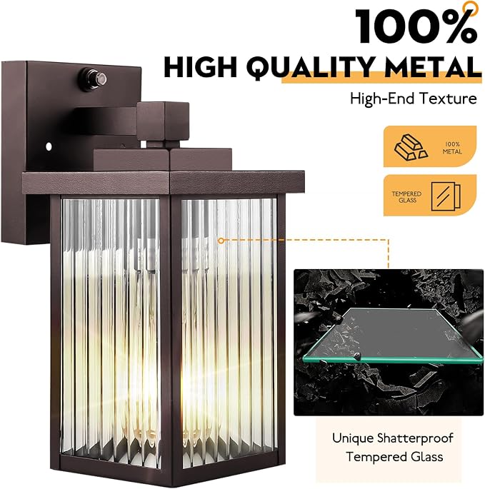Bronze Dusk to Dawn Wall Mount Porch Lights, Exterior Light Fixtures | Auto On and Off, Anti-Rust Metal Frame, Tempered Glass, E26 Socket, Easy DIY Install on Porch, Garage