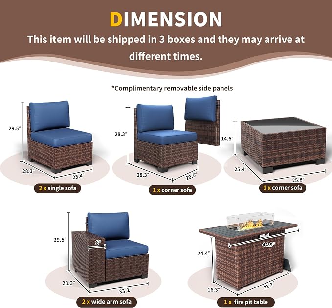 Patio Furniture with Fire Pit Table,8‘’ Wide armrest Outdoor Sectional Rattan Sofa Set, Wicker Patio Furniture Sets w/Coffee Table,Thick Cushions and Cover for Porch, Balcony,7PC(Brown&Navy)