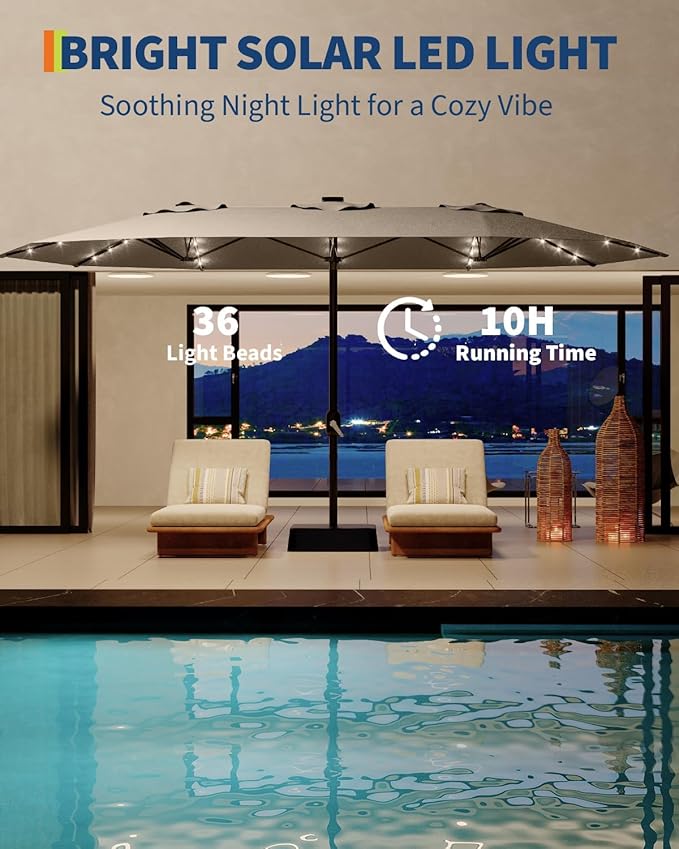 GarveeLife 15 ft Large Patio Umbrella with Lights, 36 LED Lights Double-sided Patio Umbrella with Weighted Base for Poolside Garden Backyard