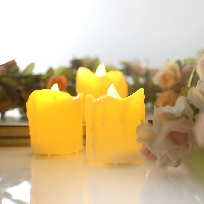 6 Battery Operated Flameless LED Votive Candles with Remote Realistic Flickering Fake Electric Tea Lights Set Bulk Baptism Wedding Party Decorations Kitchen Home Décor Centerpieces Batteries Included