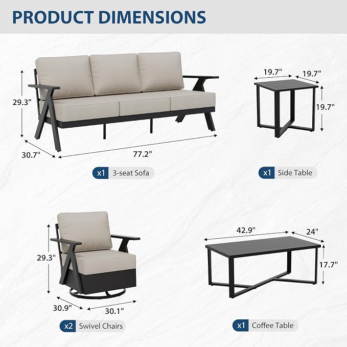 COOS BAY Iron Luxe 5 Piece Outdoor Patio Furniture Set, Modern Patio Conversation Set with 2 Swivel Rocking Chairs, a 3 Seat Couch, Coffee Table & Side Table for Deck, Garden, Porch, Black/Beige