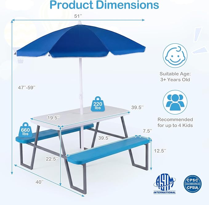 Costzon Kids Picnic Table, Toddler Outdoor Table & Bench Set with Removable Umbrella, HDPE Tabletop, Metal Frame, Kids Outdoor Furniture for Patio Backyard Garden, Fits 4 Children Age 3+ (Blue)