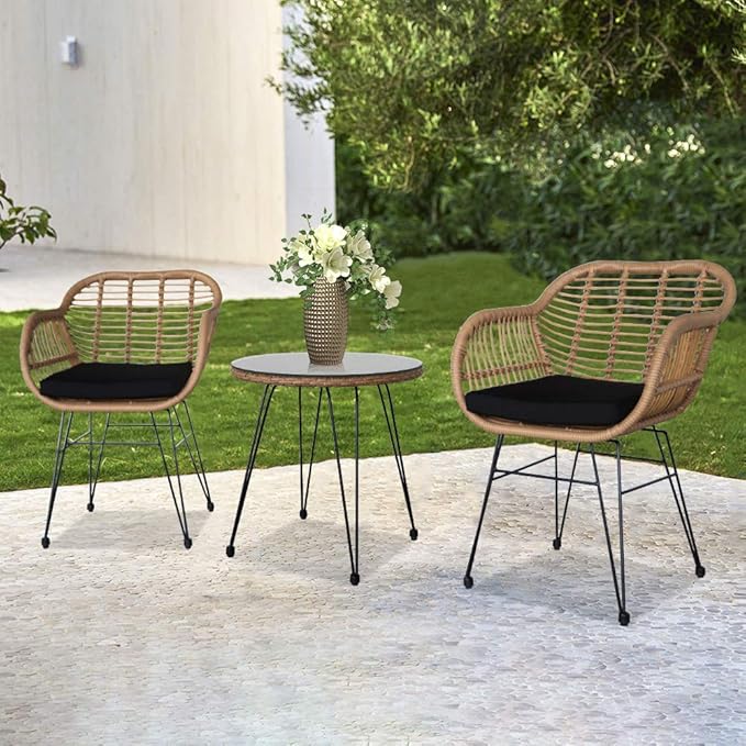 Patio Furniture Set, 3-Piece Outside Bistro Set Rattan Wicker Chairs, Tempered Glass Table, Outdoor Conversation Set,Outside Patio Conversation Sets