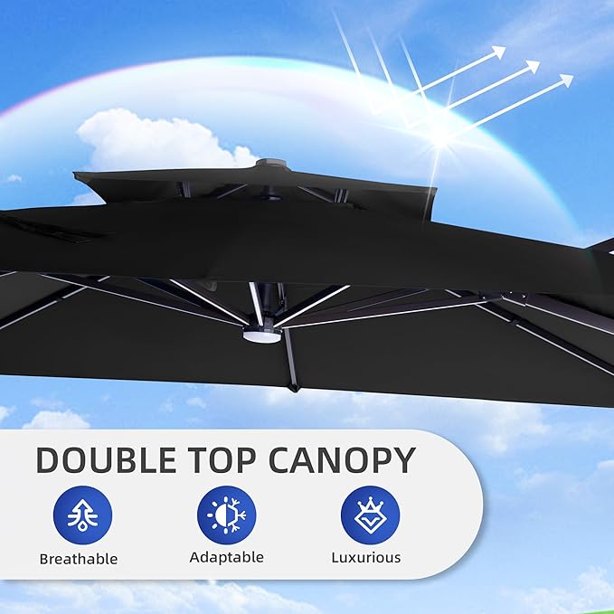 9 X 12 FT Cantilever Patio Umbrella with Led Lights and Base Included Heavy Duty Outdoor Double Top Large Rectangle Offset Umbrellas with 360-degree Rotation for Garden Pool Deck Backyard, Black