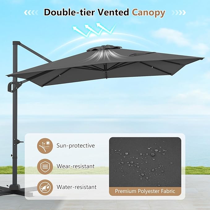 Tangkula 11 x 9 FT Patio Umbrella, Large Offset Cantilever Outdoor Umbrella with Aluminum Pole, 360 Degree Rotation, Tilt Adjustment, 8 Sturdy Ribs, Air Vent & Cross Base for Backyard Pool Garden Deck (Gray, 11x9 FT)