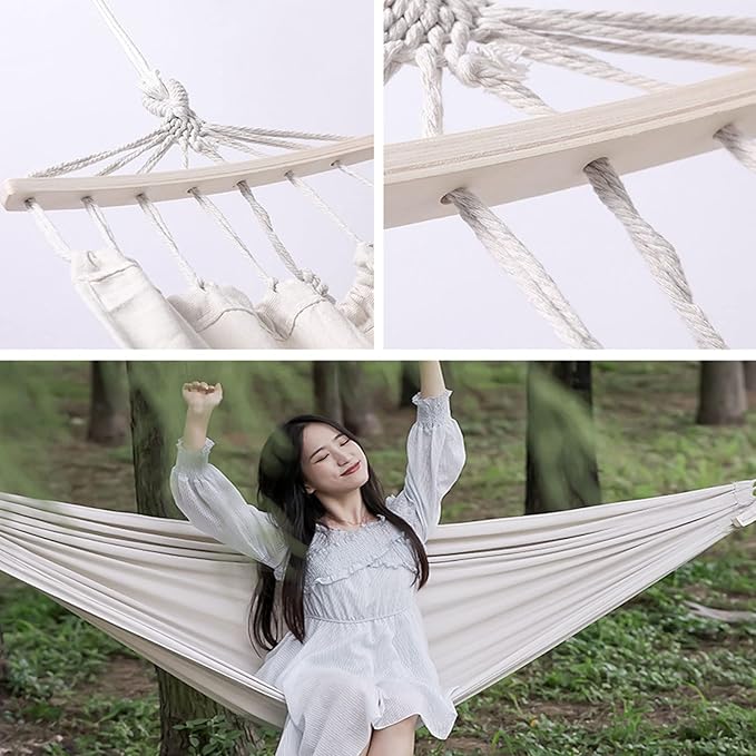 HUHJYUGE Camping Hammock, Breathable Durable Portable Hammocks with Ropes & Carry Bag, Cotton Hammock Comfortable Fabric Hammock, Perfect for Outdoor/Indoor Patio Backyard (190x150cm)