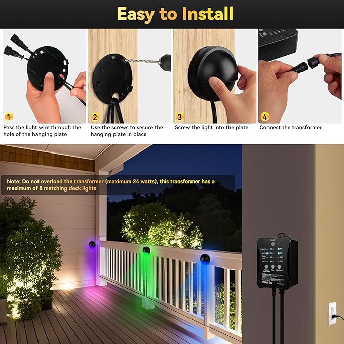 SMY Lighting RGBW Low Voltage Fence Lights Kit with Transformer Photocell Sensor and Timer IP67 Waterproof Patio Deck Lights for Outdoor Garden Steps Landscape Lighting Walkway 8Packs