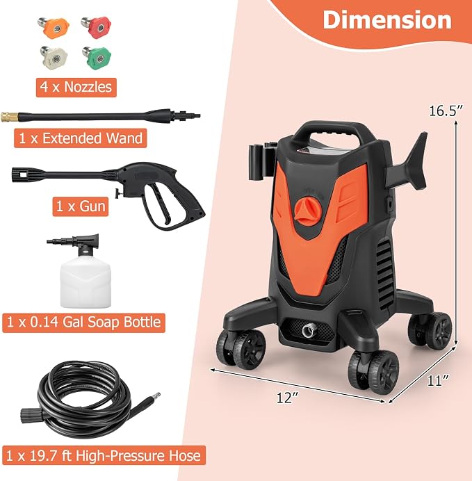 COSTWAY Electric Pressure Washer with 4 Universal Wheels, 2400 PSI High Pressure Cleaner Machine with 4 Nozzles and Soap Bottle, 1.7 GPM Portable Washer for Car, 3 Self-Priming Ways (Orange+Black)