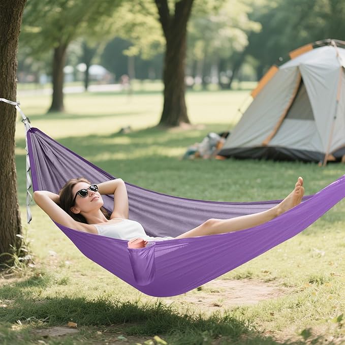 Purple Solid Color Camping Hammock, Portable Lightweight Single Hammock with Tree Straps and Aluminum Carabiners, 114" x 54" Travel Hammock for Hiking Backpacking Beach