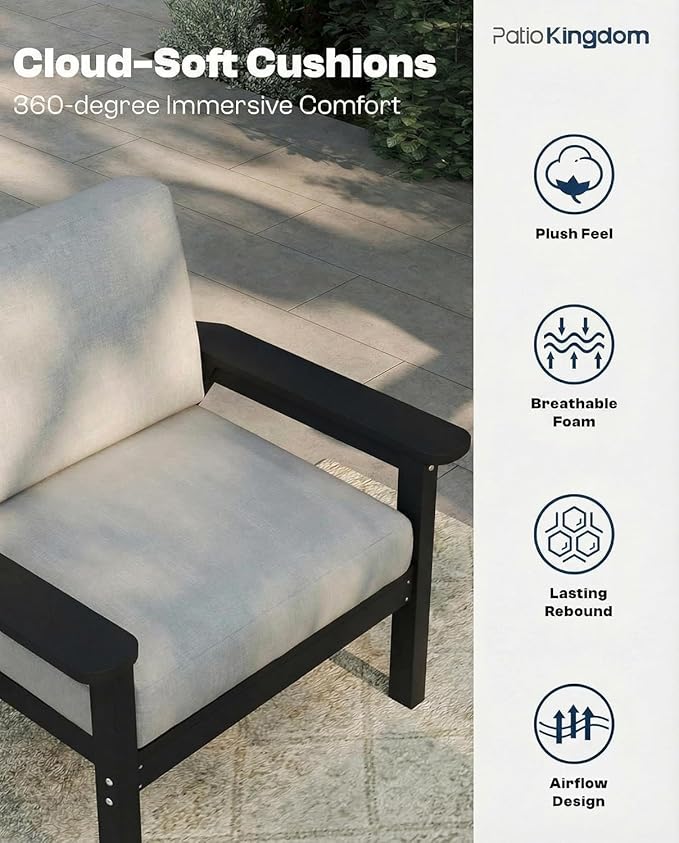 Patio Furniture Set with Washable Thick Grey Cushions, Coffee Table & Side Table, HDPE Outdoor Couch, All-Weather Outdoor Sectional Furniture, Patio Conversation Sets (Black Frame)