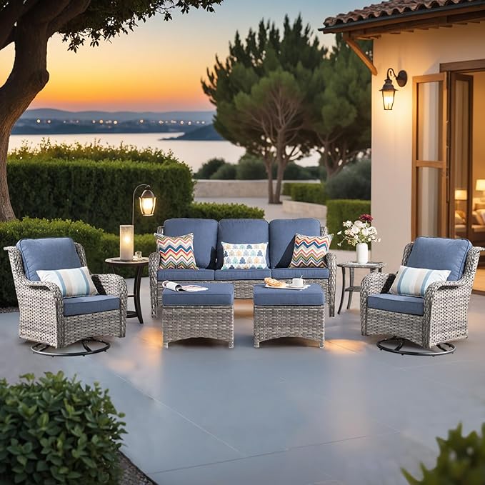 ovios 6-Pieces Patio Furniture Set with Swivel Chairs, Outdoor Wicker Sofa Couch Gliders Rocker Comfy Cushions, High Back Modern Conversation Set, Grey Rattan, Denim Blue