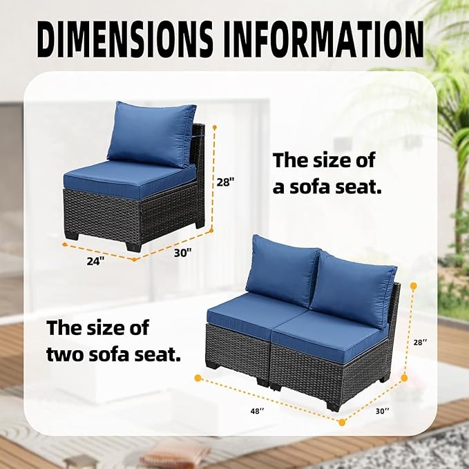 Outdoor Wicker Armless Sofa2 Pack, Patio Rattan Sectional Sofa Set with Thick Seat Cushions and 2 Back Cushions for Garden, Backyard, Poolside Poolside Navy