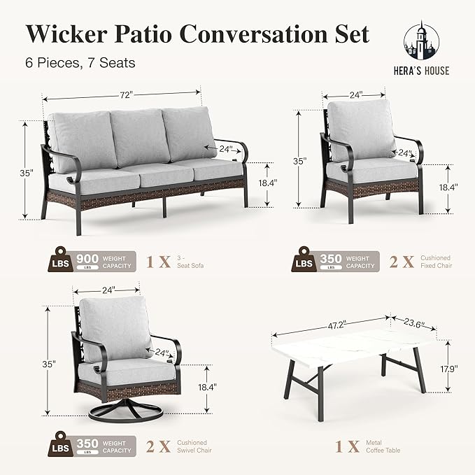 HERA'S HOUSE 6 Piece Metal Patio Furniture Set, All Weather Outdoor Conversation Set with 3-Seat Sofa, 2 Swivel Chairs, 2 Fixed Chairs & Coffee Table, 7 Seats for Backyard, Garden, Deck, Light Grey