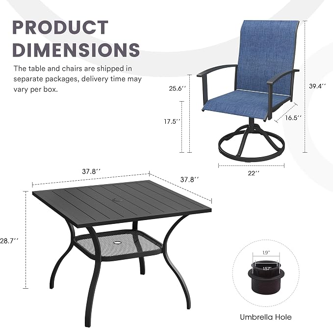 5 Pieces Outdoor Patio Dining Set, 37.8" All Weather Square Metal Table with Umbrella Hole and Storage Shelf, 4 High Back Textilene Swivel Chairs for Garden, Lawn, Black Table & Blue Chairs