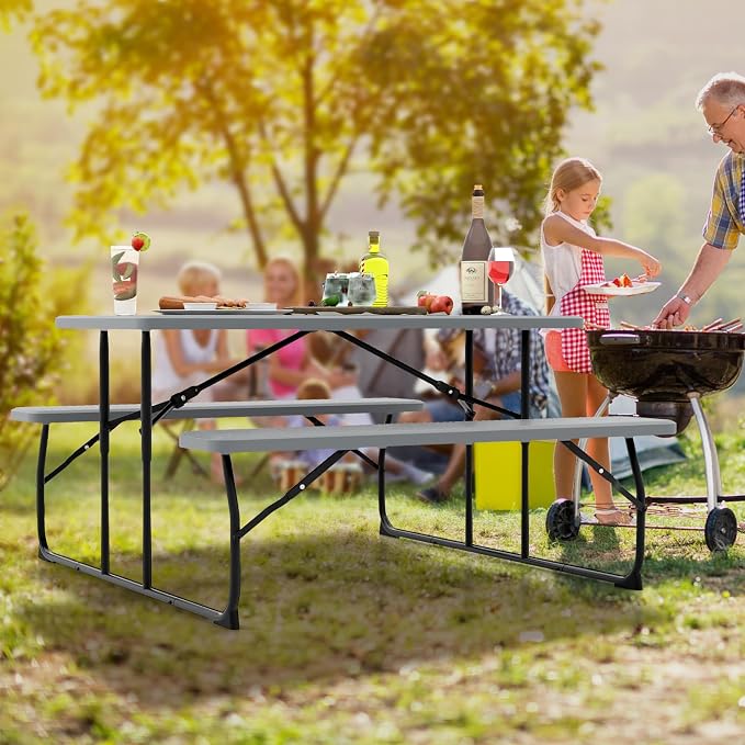 Tangkula Folding Picnic Table with 2 Benches, Outdoor Metal Camping Table Set with Plastic Wood-Like Texture Tabletop & Steel Frame, Foldable Camping Table for Picnic, Party, BBQ (Grey)