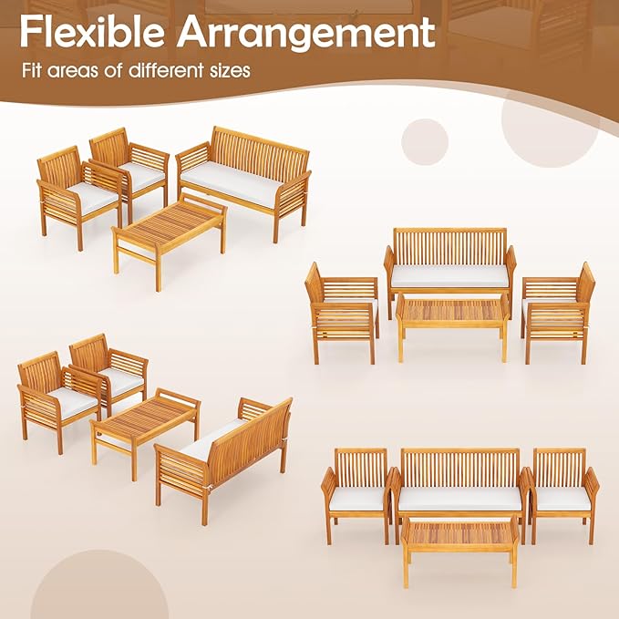 HAPPYGRILL 4 Pieces Acacia Wood Patio Conversation Set, Outdoor Wood Furniture Set with Seat Cushions, Wicker Sofa Chairs & Coffee Table for Garden Poolside Deck (1)