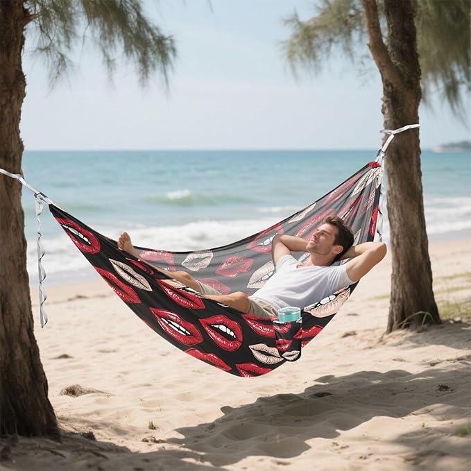 Camping Hammock Outdoor Hammocks for Outside Red Lips 1 Beach Trees Portable Lightweight with Pockets Tree Straps Indoor