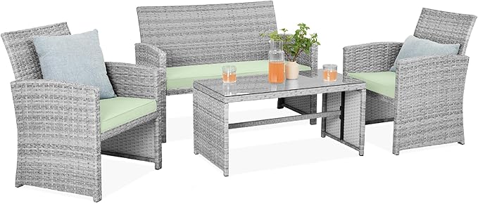 Best Choice Products 4-Piece Outdoor Wicker Patio Conversation Furniture Set for Backyard w/Coffee Table, Seat Cushions - Gray/Light Mint