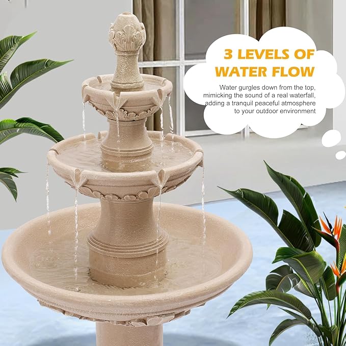 48"H Outdoor Italian Solar Water Fountain, 3-Tier Water Floor Solar Waterfall Fountain Decor with Pump and Solar Panel, Decorative Leaf Carving, Cascading Stone Look Garden Resin Fountains