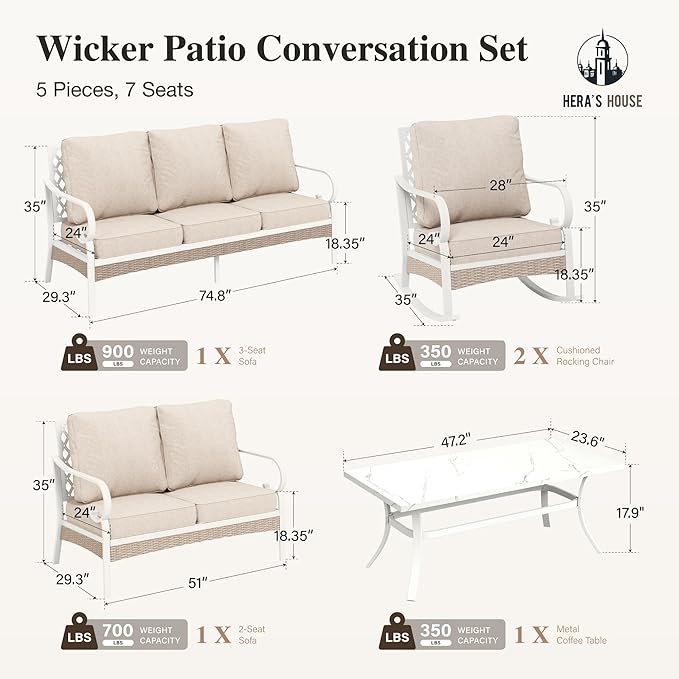 HERA'S HOUSE 5 Piece Metal Patio Furniture Set, 7 Seats All Weather Outdoor Conversation Set, 3 Seat Sofa with Loveseat, 2 Rocking Chairs, Coffee Table for Backyard, Garden, Deck, White/Beige