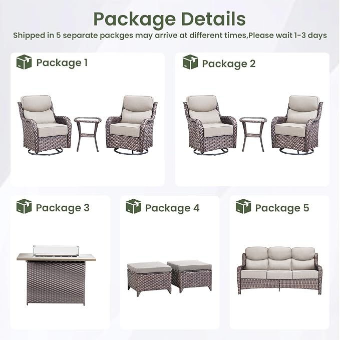 Luxury Patio Furniture Set 10pcs with 6-inch Thick Cushion, Outdoor Furniture with Fire Pit Table, Swivel Chairs, Sofa, Side Table, Ottomans, Patio Set for Deck Yard Brown Wicker | Beige Cushions