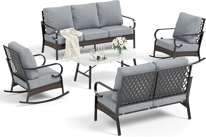 HERA'S HOUSE 5 Piece Metal Patio Furniture Set, 7 Seats All Weather Outdoor Conversation Set, 3 Seat Sofa with Loveseat, 2 Rocking Chairs, Coffee Table for Backyard, Garden, Deck, Grey