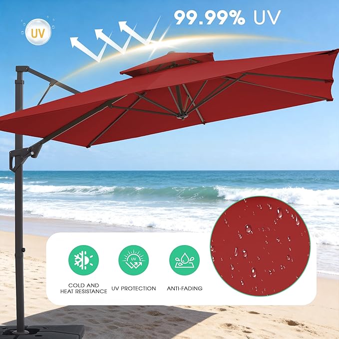 JEAREY 12ft 2-Tier Cantilever Patio Umbrella, Large Square Outdoor Offset Umbrella with Double Top Vent and 360-degree Rotation for Garden, Deck, Pool, Patio, Red