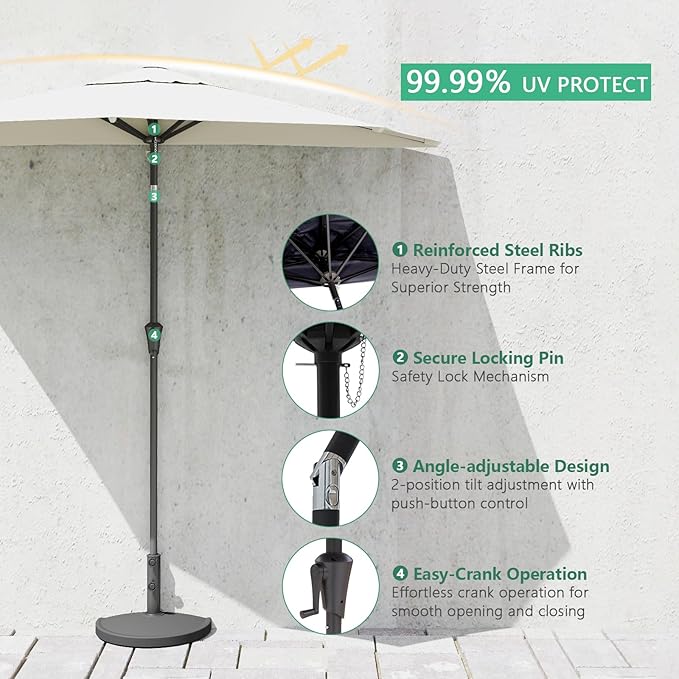 Helios&Hestia 9 ft Small Half Round Wall Outdoor Market Patio Umbrella with Tilt and Crank for Garden, Deck, Balcony