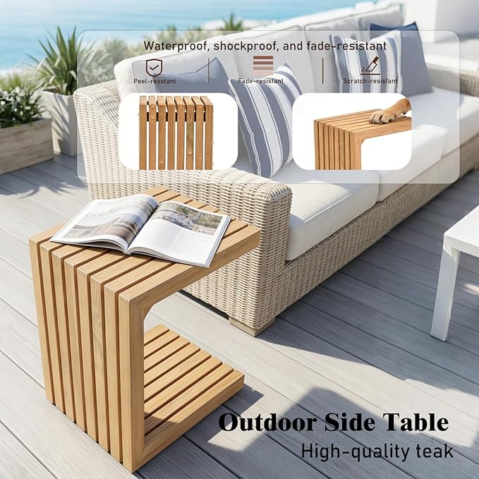 OTSUN Outdoor Side Table, Teak Wood Weather Resistant with Slatted Design Multi Purpose for Patio Balcony Backyard Garden