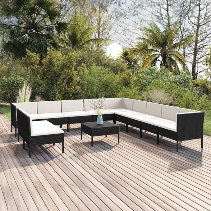 12 Piece Patio Lounge Set with Cushions,Patio Sofa,Outdoor Daybed,Patio Seating,Outdoor Furniture Sets,Patio Conversation Sets,Modern Set,Outdoor Patio Chairs,for Backyard,Garden,Poly Rattan Black
