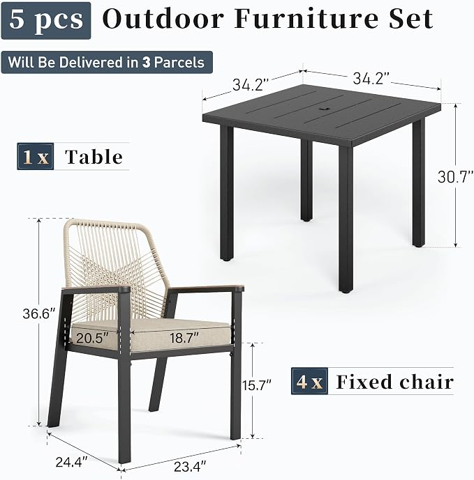 Patio Dining Set 5 Piece, 4 x Woven Rattan Chairs with Waterproof Cushion, 34.2" Square Metal Dining Table with Umbrella Hole, Outdoor Table and Chairs Set for Backyard Lawn and Deck, Beige
