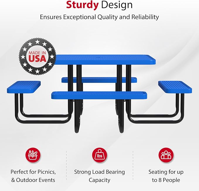 Leisure Craft Metal Picnic Table with Bench - 46" Square Outdoor Dining Table for 8 with Umbrella Hole, Weatherproof Heavy Duty Thermoplastic Coating, Commercial Grade Furniture Made in USA - Blue