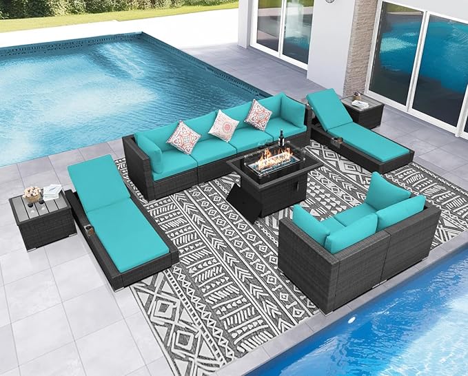NICESOUL 11 Piece Sectional Patio Set with Loungers, Backyard Seating with Firepit, Comfy 29.3'' High-Back Deep Outdoor Couch Sofa, Heavy Duty All-Weather Wicker Furniture for Exterior, Grey & Teal