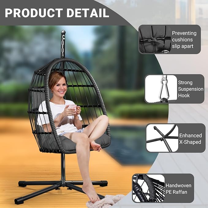 CHABATREE Egg Chair with Stand,Patio Rattan Wicker Hanging Swing Egg Chair Hammock Chair for Bedroom Porch Garden,Thickened Aluminum Alloy Steel Frame and UV Resistant Cushion,350LBS Capacity(Grey)