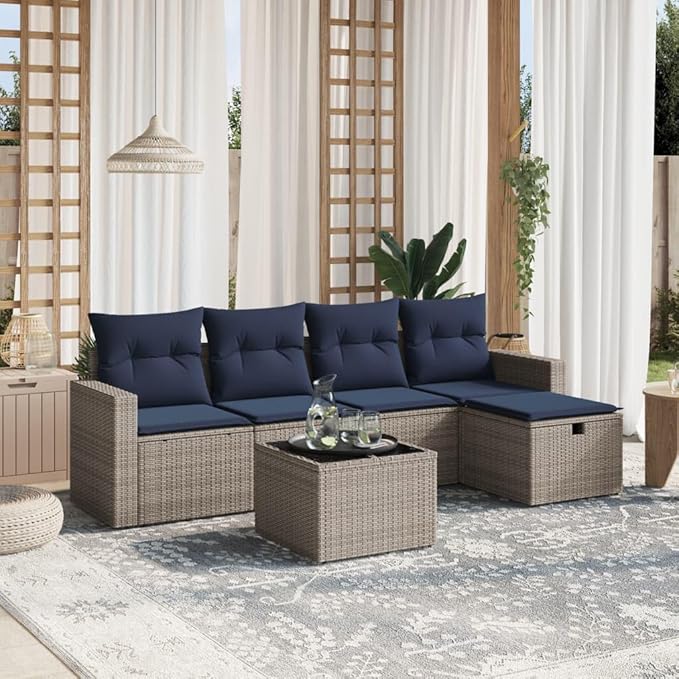vidaXL Patio Sofa Set with Cushions 6 Piece, Outdoor Conversation Set, Sectional Sofa for Balcony Garden, Modern Style, Gray Poly Rattan