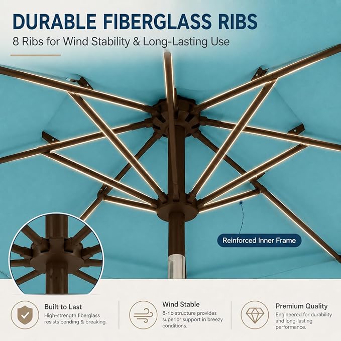 10ft Patio Umbrella, 3-Tier Vented Outdoor Table Umbrella with 8 Sturdy Fiberglass Ribs, Windproof Market Umbrella with Push Button Tilt and Crank, UV Protection for Deck, Pool, Sky Blue