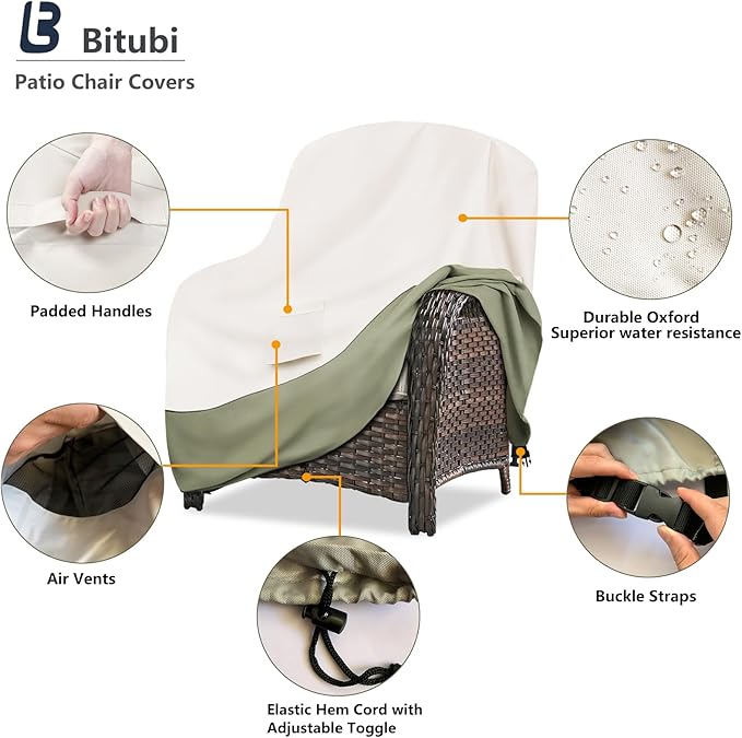 Bitubi Waterproof Patio Chair Covers, Lounge Deep Seat Cover Fits Up to 35W x 38D x 31H inch, Heavy Duty Outdoor Lawn Patio Furniture Cover (2 Pack, Beige)