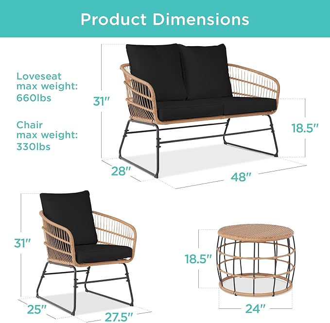Best Choice Products 4-Piece Outdoor Rope Wicker Patio Conversation Set, Modern Contemporary Furniture for Backyard, Balcony, Porch w/Loveseat, Plush Cushions, Coffee Table, Steel Frame - Black