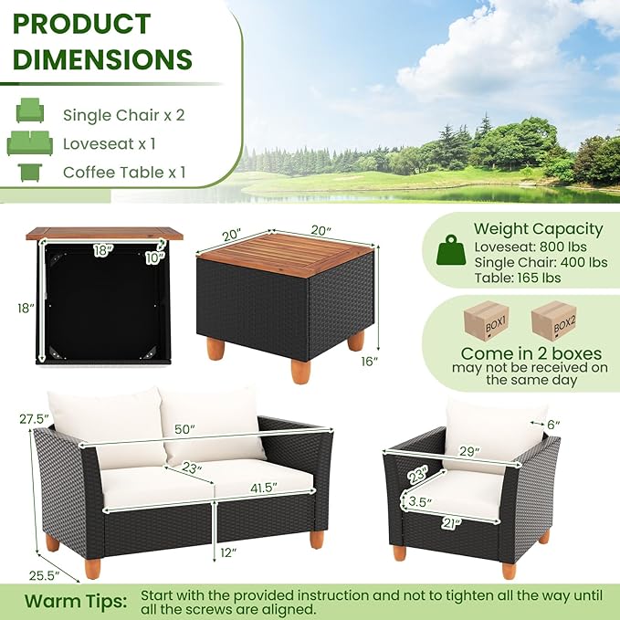 ORALNER 4 Pieces Patio Furniture Set, Outdoor Wicker Conversation Chairs, Loveseat w/Cushion, Acacia Lift-Top Coffee Table, Rattan Set for Balcony Garden Backyard Front Porch Poolside Deck (White)