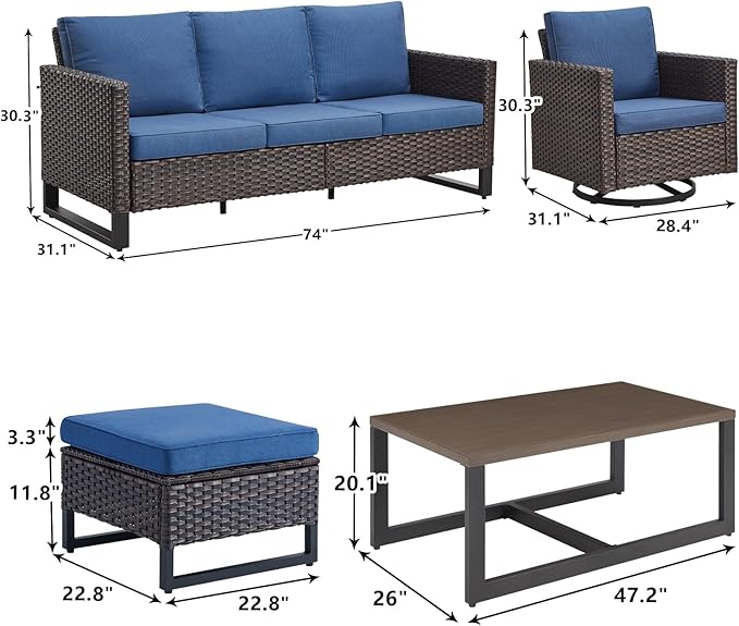 Rilyson Wicker Outdoor Patio Furniture Set - 8 Piece Patio Conversation Set with 4 Swivel Rocker Chairs,2 Rattan Ottoman,1 Couch and 1 Metal Coffee Table for Outside Porch Deck Backyard(Brown/Blue)