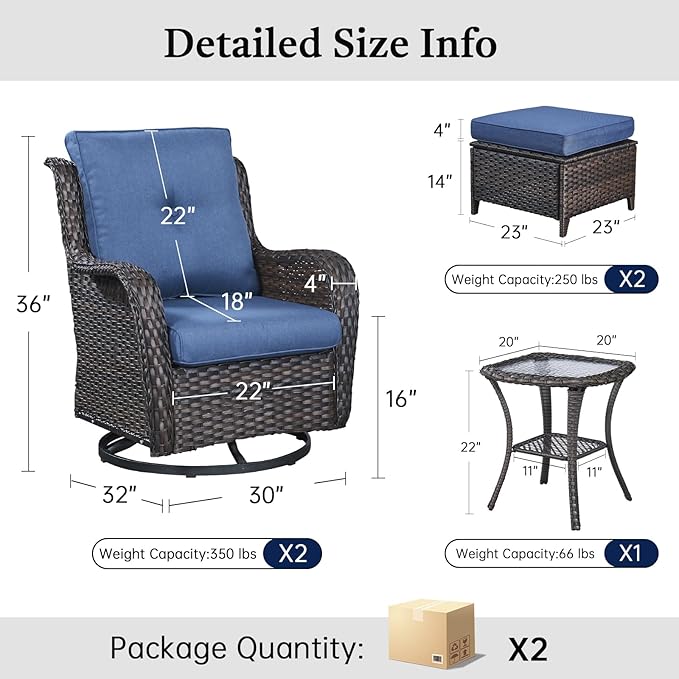 Outdoor Patio Furniture Set-5 Piece Outdoor Swivel Rocker Chairs with Ottomans Patio Furniture Set for Deck Balcony Poolside Backyard-Brown/Blue