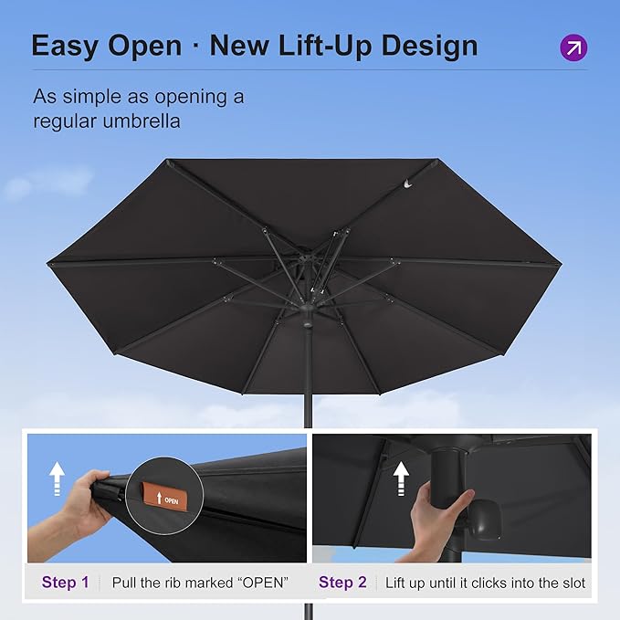 PURPLE LEAF 10Ft Round Semi-Auto Outdoor Patio Umbrella Aluminium Market Umbrella Table Sun Umbrella with 1.89" Rod and 8 Sturdy Ribs for Deck Lawn Pool Garden, Gray